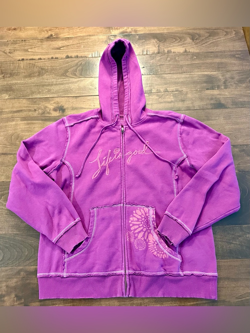 🌟 Life Is Good Bright Fuschia Full-Zip Hoodie with Floral Stencil and Embroidery